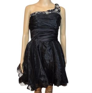VintagevDress Elegant Cocktail Party Beaded One-Shoulder Mini Black Womens